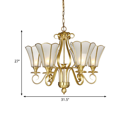 White Frosted Glass Floral Pendant Chandelier Colonialist 6 Lights Bedroom Suspended Lighting Fixture in Brass Clearhalo 'Ceiling Lights' 'Chandeliers' 'Glass shade' 'Glass' Lighting' 286459