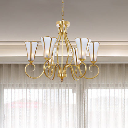 Gold Finish 6 Lights Chandelier Colonial Frosted Glass Flower Shaped Ceiling Pendant Light with Swirled Arm Gold Clearhalo 'Ceiling Lights' 'Chandeliers' 'Glass shade' 'Glass' Lighting' 286460