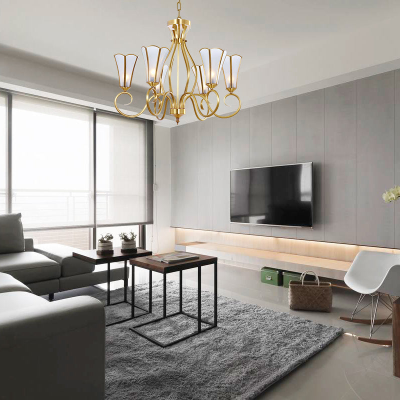 Gold Finish 6 Lights Chandelier Colonial Frosted Glass Flower Shaped Ceiling Pendant Light with Swirled Arm Clearhalo 'Ceiling Lights' 'Chandeliers' 'Glass shade' 'Glass' Lighting' 286462