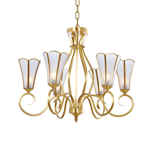 Gold Finish 6 Lights Chandelier Colonial Frosted Glass Flower Shaped Ceiling Pendant Light with Swirled Arm Clearhalo 'Ceiling Lights' 'Chandeliers' 'Glass shade' 'Glass' Lighting' 286463