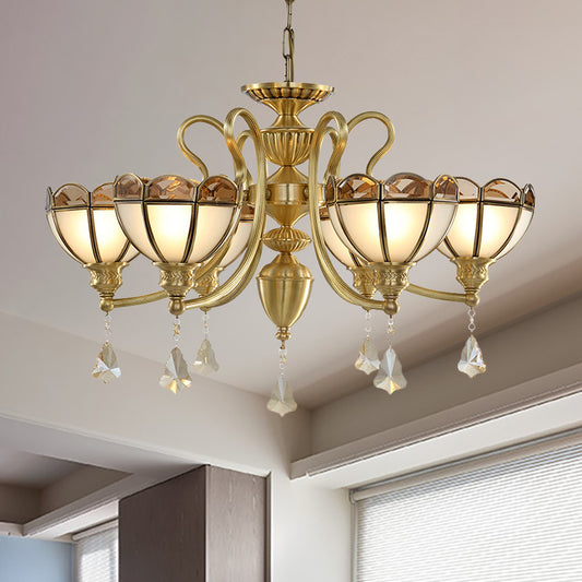 Bowl Frosted Glass Suspension Pendant Colonial 6 Bulbs Living Room Chandelier Lighting in Gold Clearhalo 'Ceiling Lights' 'Chandeliers' 'Glass shade' 'Glass' 'Island Lights' Lighting' 286467