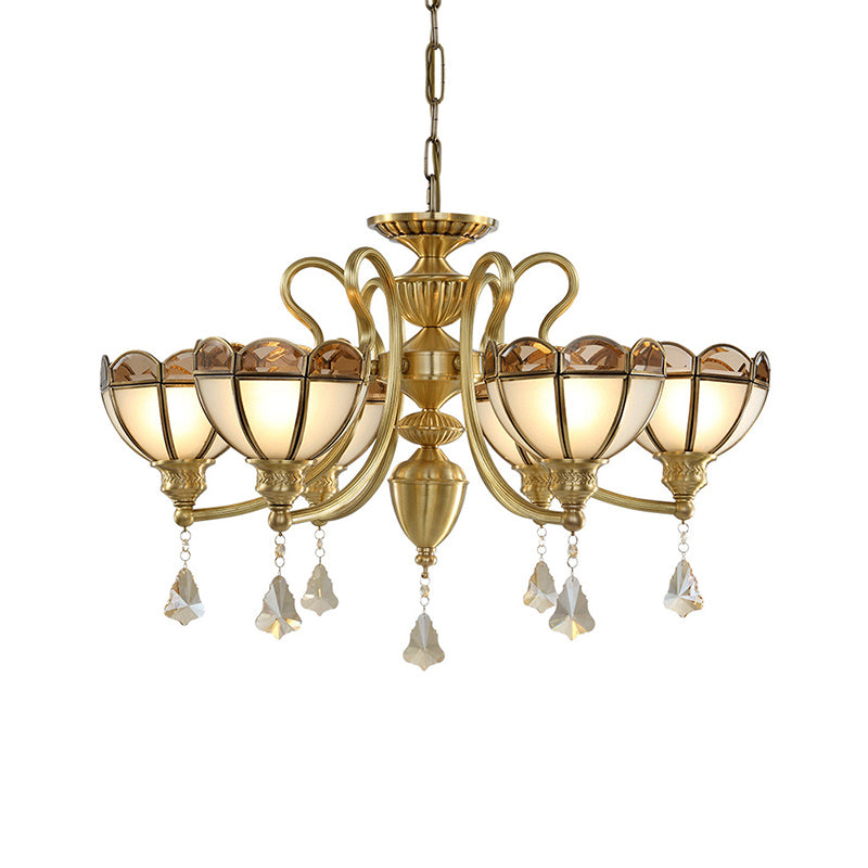 Bowl Frosted Glass Suspension Pendant Colonial 6 Bulbs Living Room Chandelier Lighting in Gold Clearhalo 'Ceiling Lights' 'Chandeliers' 'Glass shade' 'Glass' 'Island Lights' Lighting' 286469