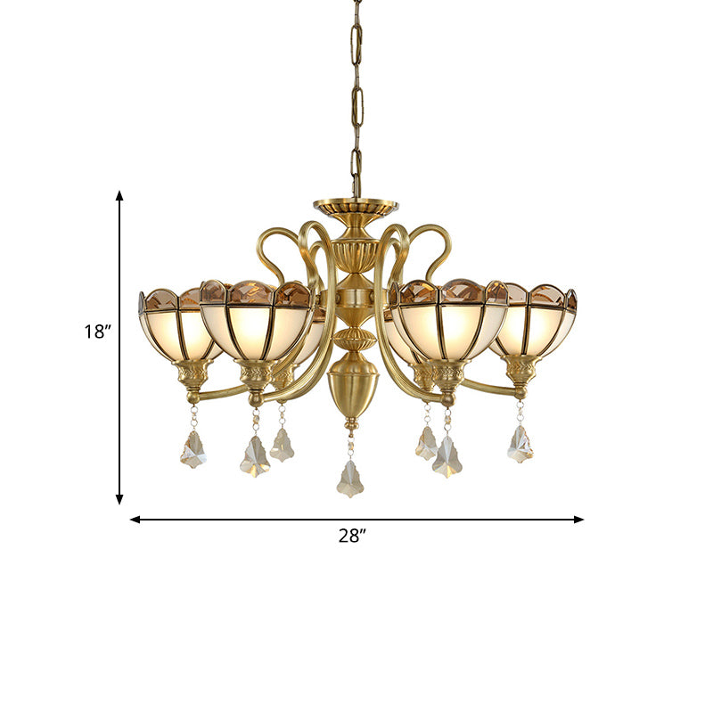 Bowl Frosted Glass Suspension Pendant Colonial 6 Bulbs Living Room Chandelier Lighting in Gold Clearhalo 'Ceiling Lights' 'Chandeliers' 'Glass shade' 'Glass' 'Island Lights' Lighting' 286470