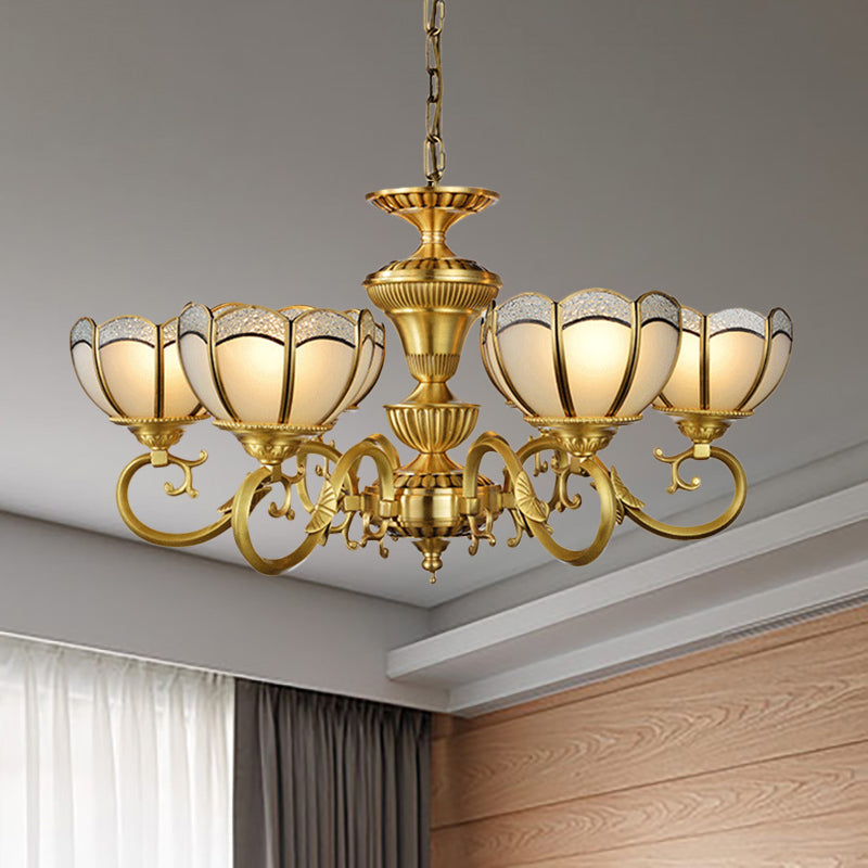 6 Lights Chandelier Pendant Lamp Colonial Bedroom Ceiling Suspension Light in Gold with Bowl Frosted Glass Shade Clearhalo 'Ceiling Lights' 'Chandeliers' 'Glass shade' 'Glass' 'Island Lights' Lighting' 286479