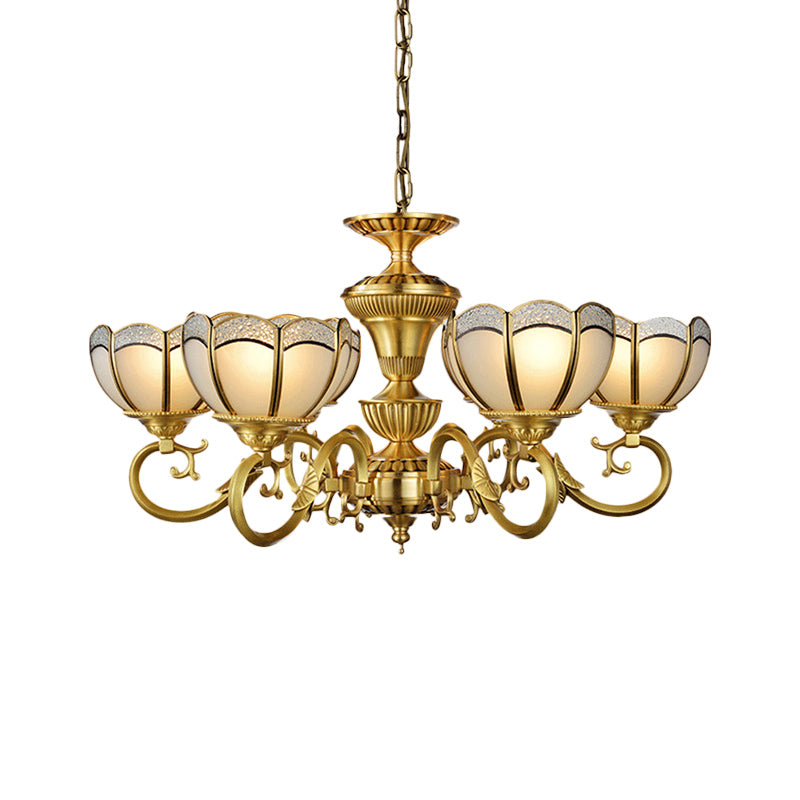 6 Lights Chandelier Pendant Lamp Colonial Bedroom Ceiling Suspension Light in Gold with Bowl Frosted Glass Shade Clearhalo 'Ceiling Lights' 'Chandeliers' 'Glass shade' 'Glass' 'Island Lights' Lighting' 286481