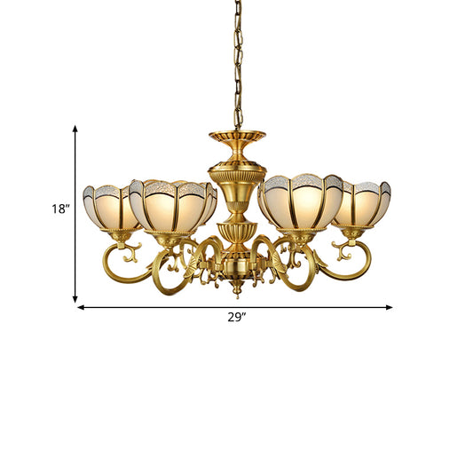 6 Lights Chandelier Pendant Lamp Colonial Bedroom Ceiling Suspension Light in Gold with Bowl Frosted Glass Shade Clearhalo 'Ceiling Lights' 'Chandeliers' 'Glass shade' 'Glass' 'Island Lights' Lighting' 286482
