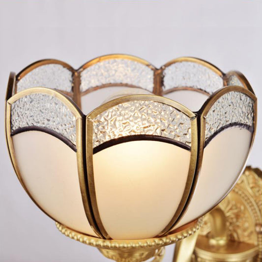 6 Lights Chandelier Pendant Lamp Colonial Bedroom Ceiling Suspension Light in Gold with Bowl Frosted Glass Shade Clearhalo 'Ceiling Lights' 'Chandeliers' 'Glass shade' 'Glass' 'Island Lights' Lighting' 286483