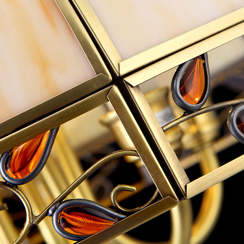 12 Bulbs Faceted Island Lighting Colonial Gold Frosted Glass Ceiling Suspension Lamp for Restaurant Clearhalo 'Ceiling Lights' 'Chandeliers' 'Glass shade' 'Glass' 'Island Lights' Lighting' 286529