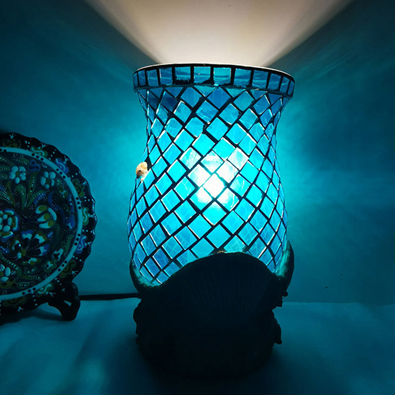 1 Light Blue Glass Desk Light Moroccan Style Bedroom Task Lighting with Shell Accent Blue Clearhalo 'Lamps' 'Table Lamps' Lighting' 286559
