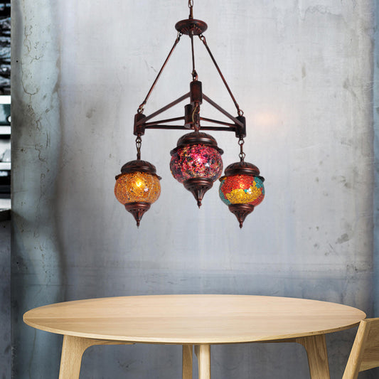 Globe Living Room Hanging Chandelier Moroccan Stained Glass 3 Lights Weathered Copper Pendant Lamp Weathered Copper Clearhalo 'Ceiling Lights' 'Chandeliers' 'Close To Ceiling Lights' 'Glass shade' 'Glass' Lighting' 286619