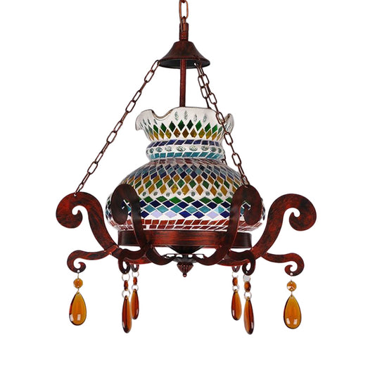 Stained Glass Weathered Copper Pendant Vase 1 Light Moroccan Style Hanging Light Kit Clearhalo 'Ceiling Lights' 'Chandeliers' 'Glass shade' 'Glass' 'Pendant Lights' 'Pendants' Lighting' 286635