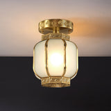 1 Light Lantern Ceiling Flush Mount Traditional Brass Metal Semi Flush Lighting with Opal Glass Shade Clearhalo 'Ceiling Lights' 'Close To Ceiling Lights' 'Close to ceiling' 'Semi-flushmount' Lighting' 286639