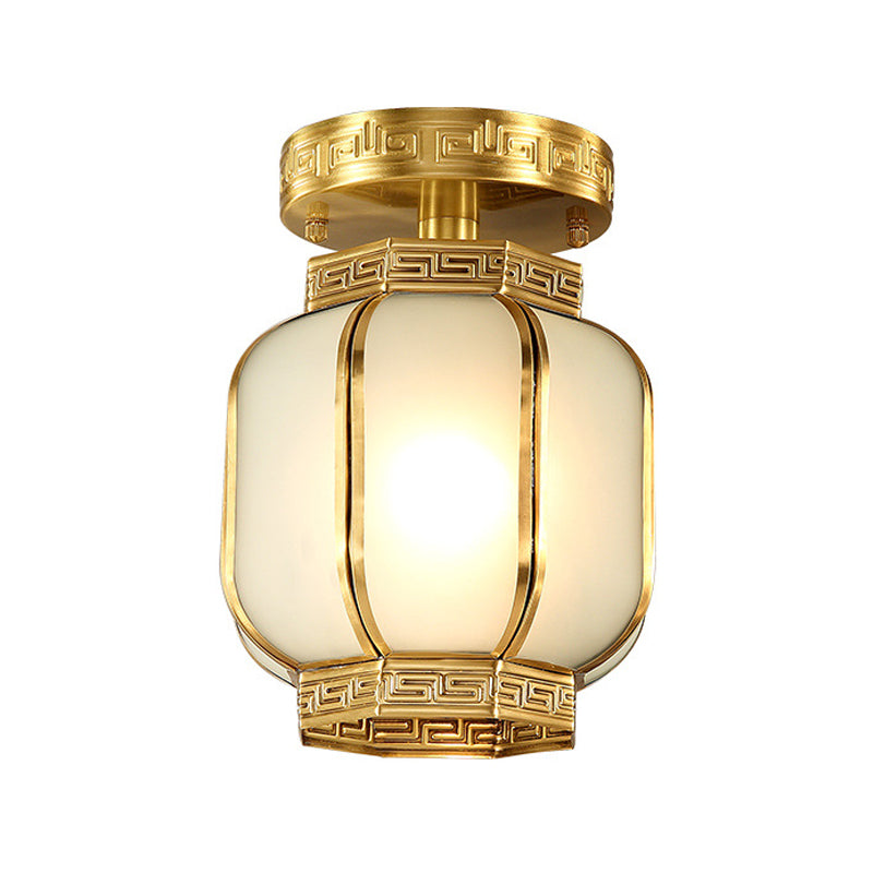 1 Light Lantern Ceiling Flush Mount Traditional Brass Metal Semi Flush Lighting with Opal Glass Shade Clearhalo 'Ceiling Lights' 'Close To Ceiling Lights' 'Close to ceiling' 'Semi-flushmount' Lighting' 286641