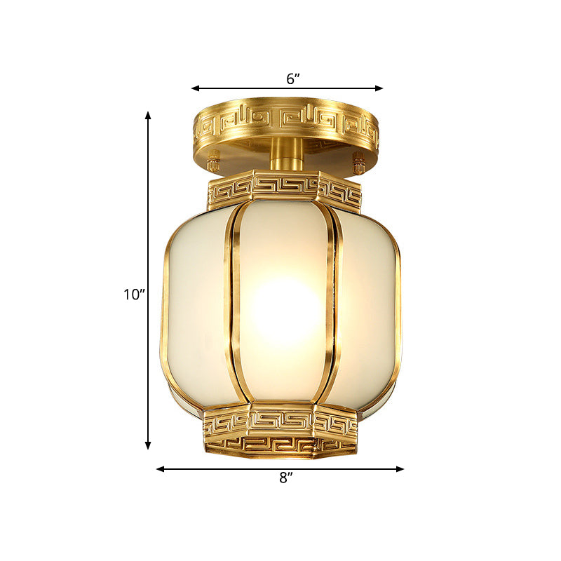 1 Light Lantern Ceiling Flush Mount Traditional Brass Metal Semi Flush Lighting with Opal Glass Shade Clearhalo 'Ceiling Lights' 'Close To Ceiling Lights' 'Close to ceiling' 'Semi-flushmount' Lighting' 286642