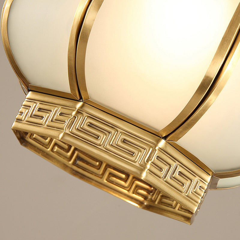 1 Light Lantern Ceiling Flush Mount Traditional Brass Metal Semi Flush Lighting with Opal Glass Shade Clearhalo 'Ceiling Lights' 'Close To Ceiling Lights' 'Close to ceiling' 'Semi-flushmount' Lighting' 286643