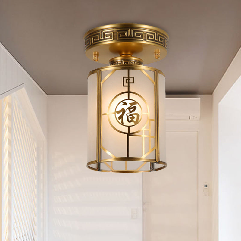 Brass 1 Light Semi Flush Traditional Style Frosted Glass Cylinder Ceiling Light Fixture with Metal Frame Clearhalo 'Ceiling Lights' 'Close To Ceiling Lights' 'Close to ceiling' 'Semi-flushmount' Lighting' 286690