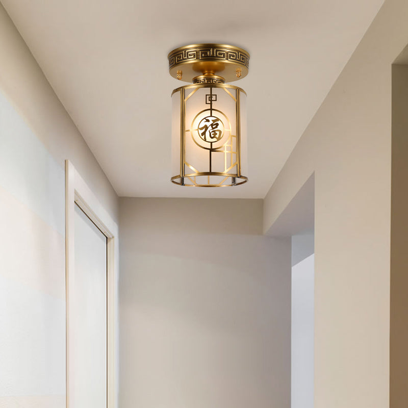 Brass 1 Light Semi Flush Traditional Style Frosted Glass Cylinder Ceiling Light Fixture with Metal Frame Clearhalo 'Ceiling Lights' 'Close To Ceiling Lights' 'Close to ceiling' 'Semi-flushmount' Lighting' 286691
