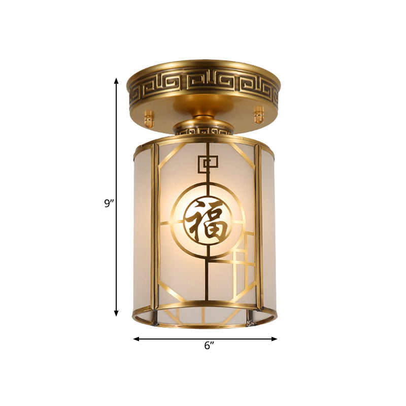 Brass 1 Light Semi Flush Traditional Style Frosted Glass Cylinder Ceiling Light Fixture with Metal Frame Clearhalo 'Ceiling Lights' 'Close To Ceiling Lights' 'Close to ceiling' 'Semi-flushmount' Lighting' 286693