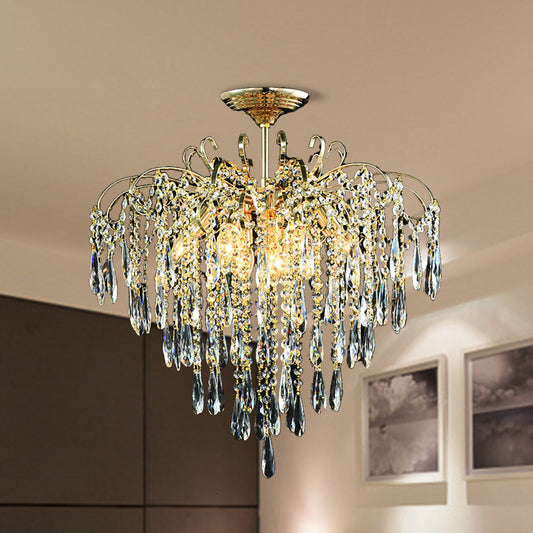 Cascade Clear Crystal Drop Ceiling Mounted Light Simple Style Gold 18"/19.5" Wide LED Semi Flush Light Fixture Clear 18" Clearhalo 'Ceiling Lights' 'Close To Ceiling Lights' 'Close to ceiling' 'Semi-flushmount' Lighting' 286954