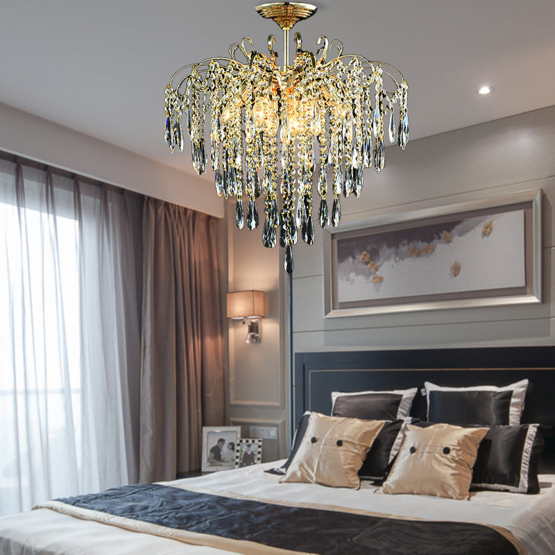 Cascade Clear Crystal Drop Ceiling Mounted Light Simple Style Gold 18"/19.5" Wide LED Semi Flush Light Fixture Clearhalo 'Ceiling Lights' 'Close To Ceiling Lights' 'Close to ceiling' 'Semi-flushmount' Lighting' 286956