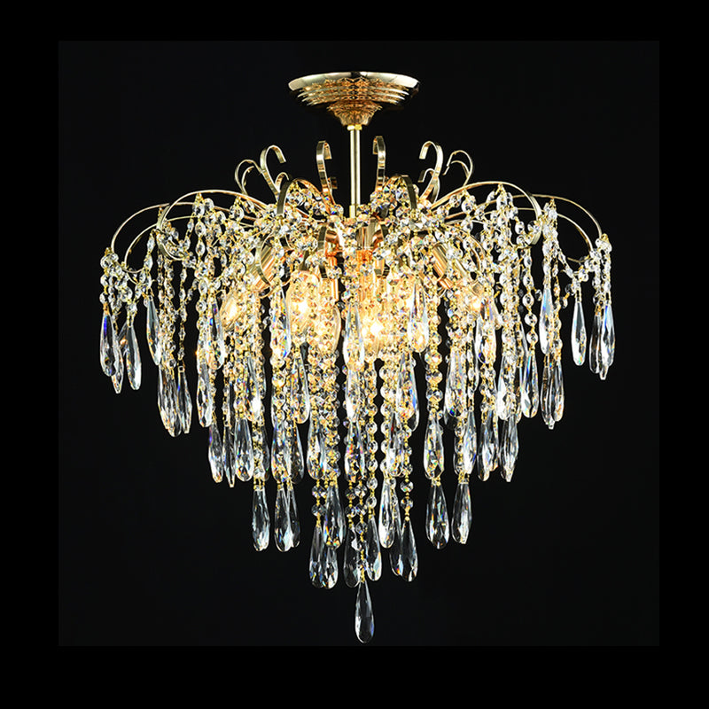Cascade Clear Crystal Drop Ceiling Mounted Light Simple Style Gold 18"/19.5" Wide LED Semi Flush Light Fixture Clearhalo 'Ceiling Lights' 'Close To Ceiling Lights' 'Close to ceiling' 'Semi-flushmount' Lighting' 286957