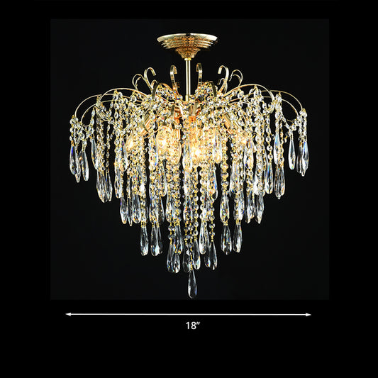 Cascade Clear Crystal Drop Ceiling Mounted Light Simple Style Gold 18"/19.5" Wide LED Semi Flush Light Fixture Clearhalo 'Ceiling Lights' 'Close To Ceiling Lights' 'Close to ceiling' 'Semi-flushmount' Lighting' 286958