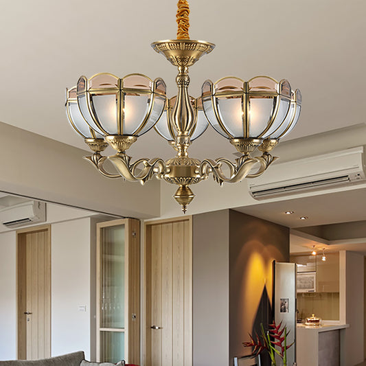 Beige Frosted Glass Gold Chandelier Lighting Dome 5/6 Bulbs Colonialist Hanging Ceiling Light 5 Gold Clearhalo 'Ceiling Lights' 'Chandeliers' 'Glass shade' 'Glass' Lighting' 286981