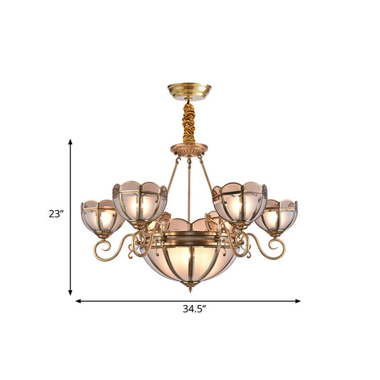 Beige Frosted Glass Gold Chandelier Lighting Dome 5/6 Bulbs Colonialist Hanging Ceiling Light Clearhalo 'Ceiling Lights' 'Chandeliers' 'Glass shade' 'Glass' Lighting' 286987