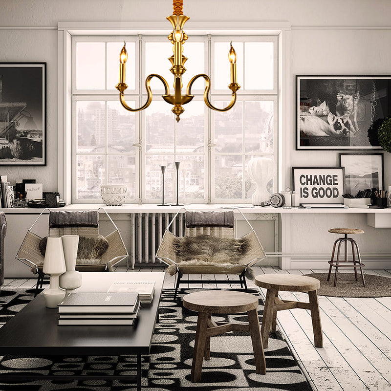 Gold Candle Shape Ceiling Pendant Light Colonialism Metal 3/5/6 Heads Living Room Chandelier Lamp Clearhalo 'Ceiling Lights' 'Chandeliers' Lighting' options 287014