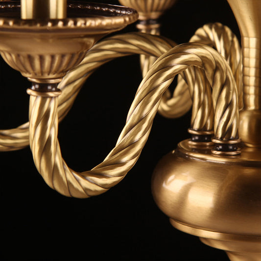 Colonial Candle Chandelier Pendant Lighting 3/5/6 Lights Metal Hanging Ceiling Lamp in Brass with Curved Hemp Rope Design Arm Clearhalo 'Ceiling Lights' 'Chandeliers' Lighting' options 287039