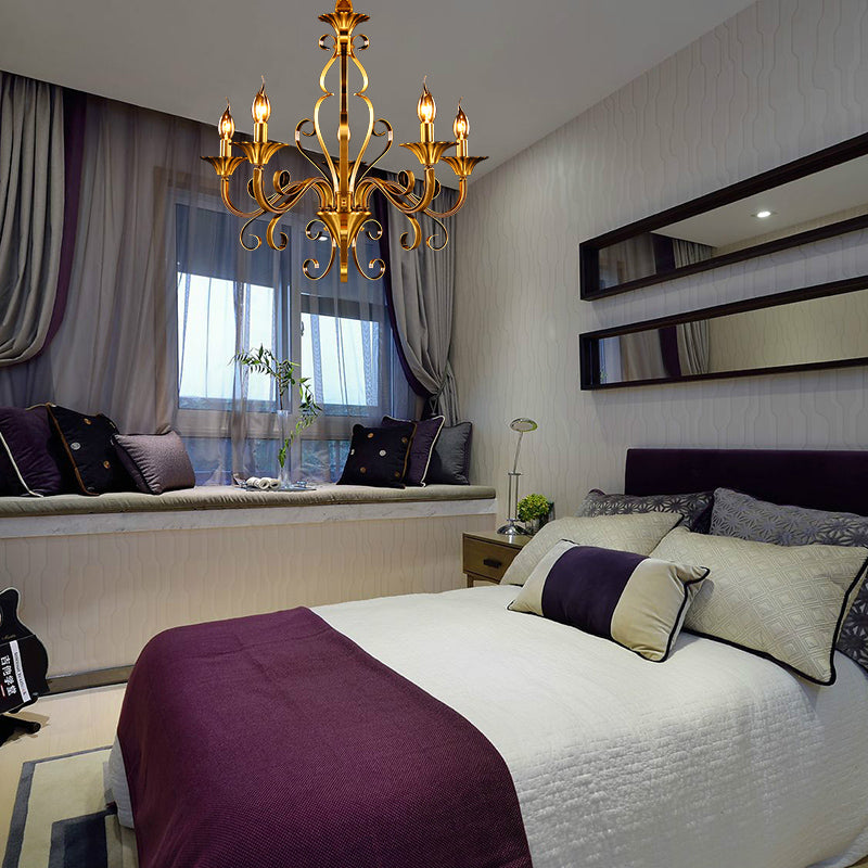 5/6/8 Lights Chandelier Pendant Lamp Colonialism Candle Shape Metal Ceiling Suspension Light in Gold Clearhalo 'Ceiling Lights' 'Chandeliers' 'Glass shade' 'Glass' Lighting' 287044