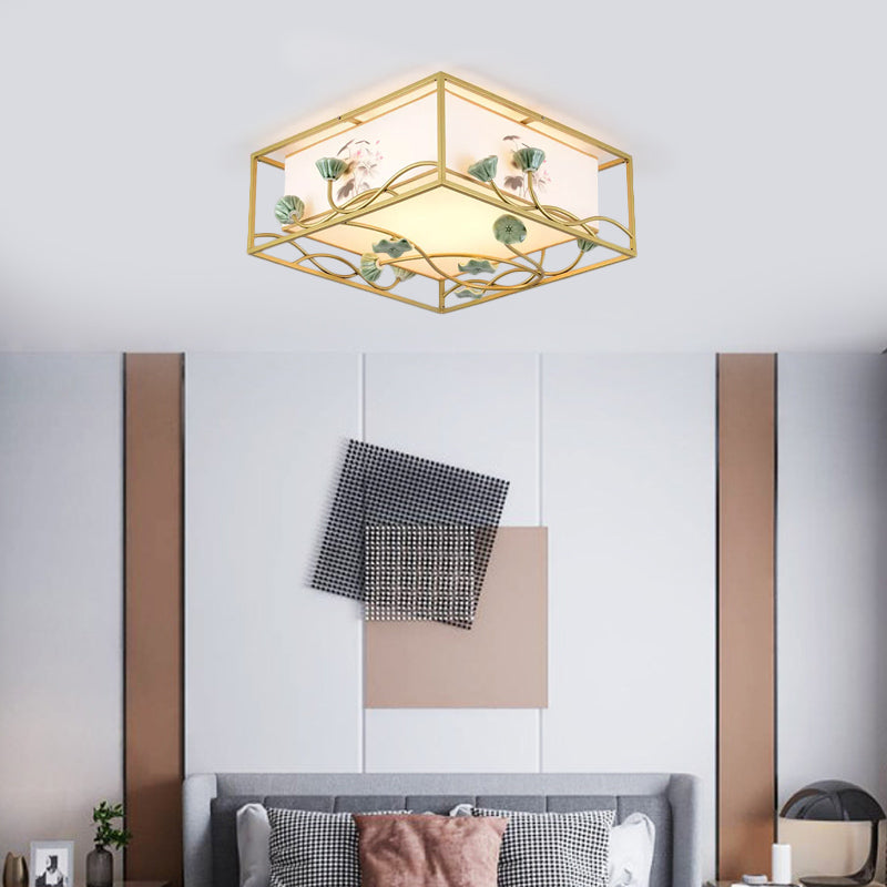 Square Fabric Flush Mount Lighting Traditional 19.5"/23.5" Wide 5 Lights Bedroom Ceiling Fixture in White Clearhalo 'Ceiling Lights' 'Close To Ceiling Lights' 'Close to ceiling' 'Flush mount' Lighting' 287141