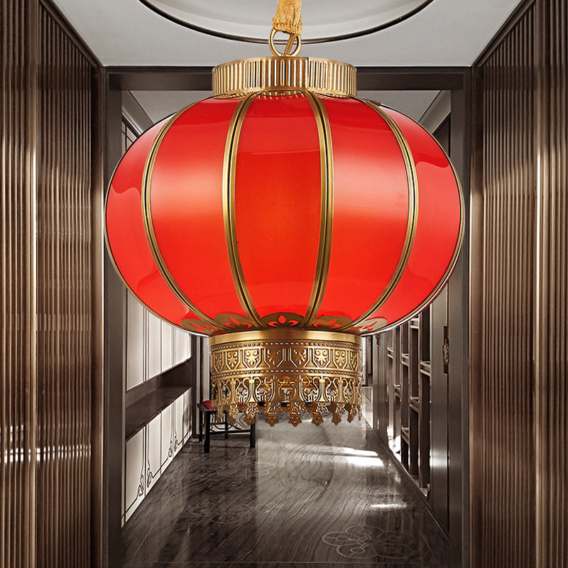 Red/White Glass Pendant Lighting Fixture Kerosene 10"/14"/16" Wide 1 Light Traditional Style Hanging Lamp Kit Clearhalo 'Ceiling Lights' 'Chandeliers' 'Glass shade' 'Glass' 'Pendant Lights' 'Pendants' Lighting' 287185