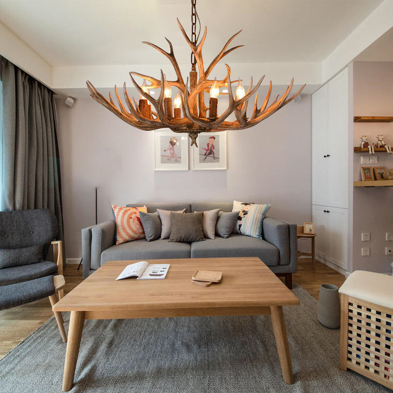 Brown 8 Heads Chandelier Pendant Lamp Countryside Resin Candle Hanging Ceiling Light with Antler Design Clearhalo 'Ceiling Lights' 'Chandeliers' Lighting' options 287347