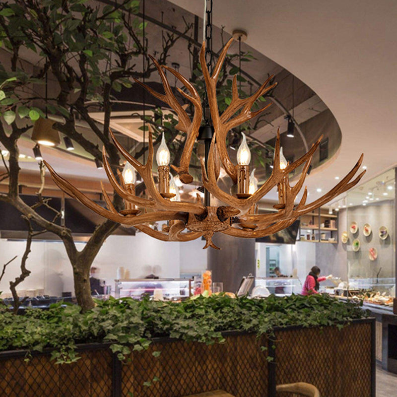 Resin Antler Design Hanging Chandelier Rural 6 Lights Restaurant Ceiling Pendant Lamp in Brown Clearhalo 'Ceiling Lights' 'Chandeliers' Lighting' options 287351