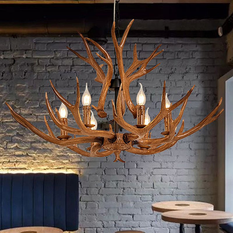 Resin Antler Design Hanging Chandelier Rural 6 Lights Restaurant Ceiling Pendant Lamp in Brown Clearhalo 'Ceiling Lights' 'Chandeliers' Lighting' options 287352