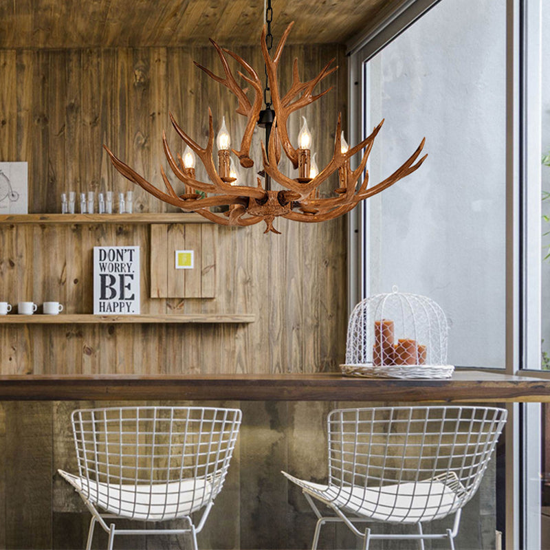 Resin Antler Design Hanging Chandelier Rural 6 Lights Restaurant Ceiling Pendant Lamp in Brown Clearhalo 'Ceiling Lights' 'Chandeliers' Lighting' options 287353