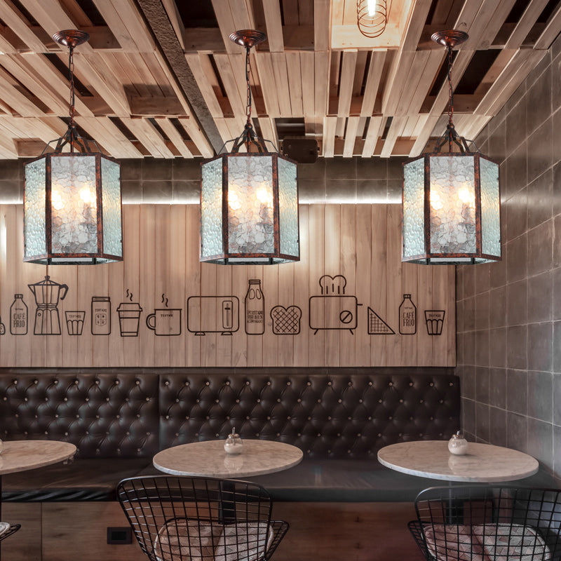Lantern Frosted Glass Pendant Lamp Retro 4 Bulbs Restaurant Antique Copper Chandelier Light Fixture Clearhalo 'Ceiling Lights' 'Chandeliers' 'Glass shade' 'Glass' Lighting' 287399