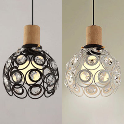 Industrial Style Dome Hanging Ceiling Light with Clear Crystal Bead Deco 1 Head Pendant Light in Black/White for Restaurant Clearhalo 'Art Deco Pendants' 'Black' 'Cast Iron' 'Ceiling Lights' 'Ceramic' 'Crystal' 'Industrial Pendants' 'Industrial' 'Metal' 'Middle Century Pendants' 'Pendant Lights' 'Pendants' 'Rustic Pendants' 'Tiffany' Lighting' 28748