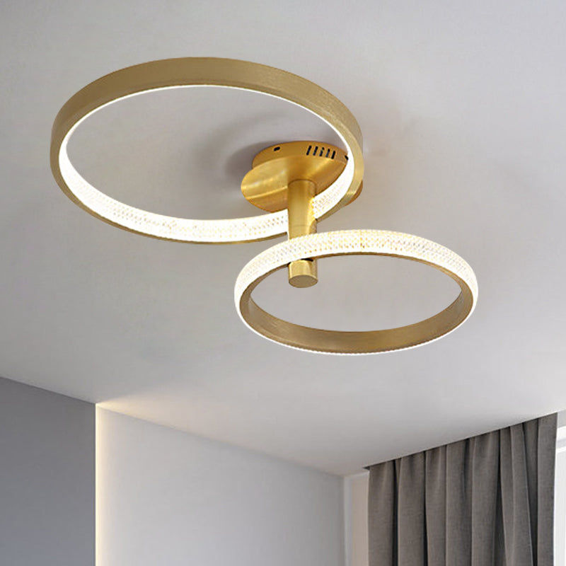 Dual Halo Ring Acrylic Semi Flush Light Modern Rotatable LED Golden Ceiling Lamp in Warm/White/Natural Light, 25.5"/33.5" L Gold White Clearhalo 'Ceiling Lights' 'Close To Ceiling Lights' 'Close to ceiling' 'Semi-flushmount' Lighting' 287492