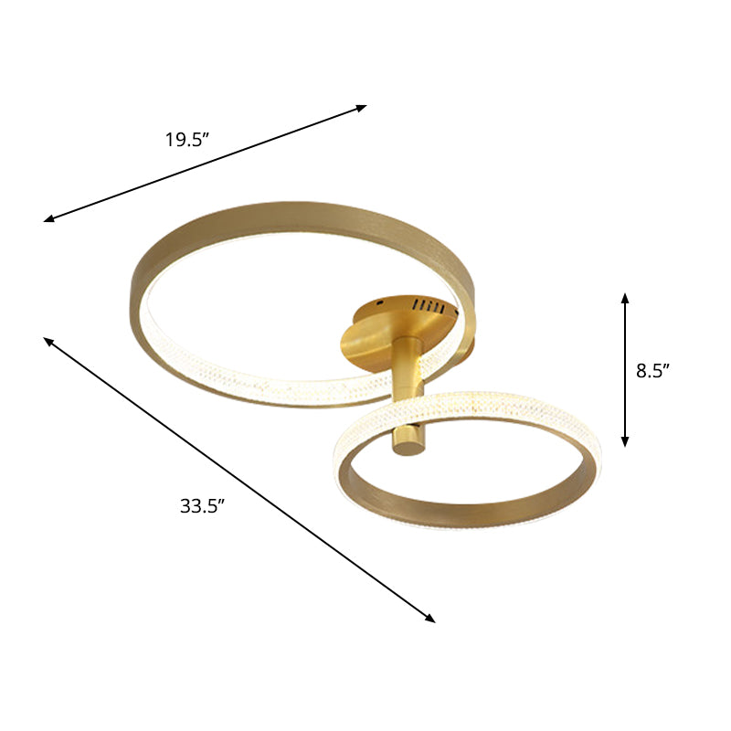 Dual Halo Ring Acrylic Semi Flush Light Modern Rotatable LED Golden Ceiling Lamp in Warm/White/Natural Light, 25.5"/33.5" L Clearhalo 'Ceiling Lights' 'Close To Ceiling Lights' 'Close to ceiling' 'Semi-flushmount' Lighting' 287496
