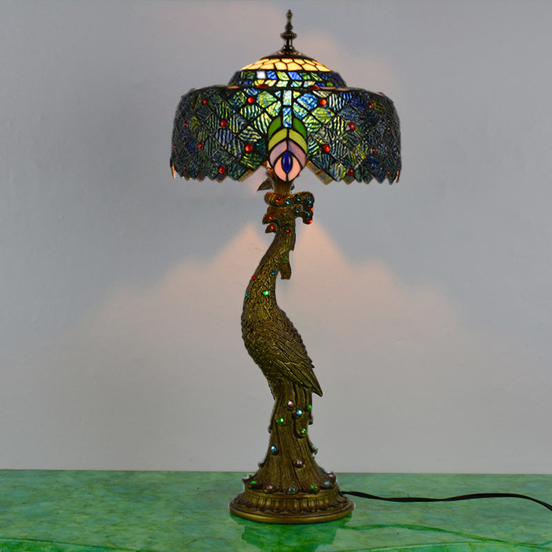 Stained Glass Peacock Feather Night Table Light Tiffany 1 Light Brass Nightstand for Bedside Clearhalo 'Lamps' 'Table Lamps' Lighting' 287551