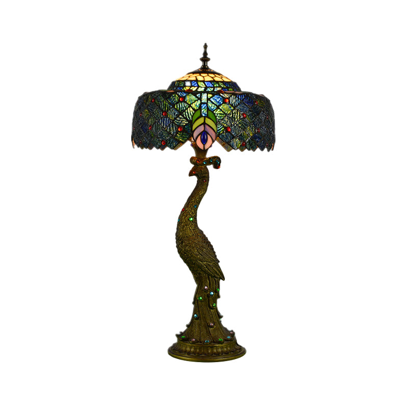 Stained Glass Peacock Feather Night Table Light Tiffany 1 Light Brass Nightstand for Bedside Clearhalo 'Lamps' 'Table Lamps' Lighting' 287553