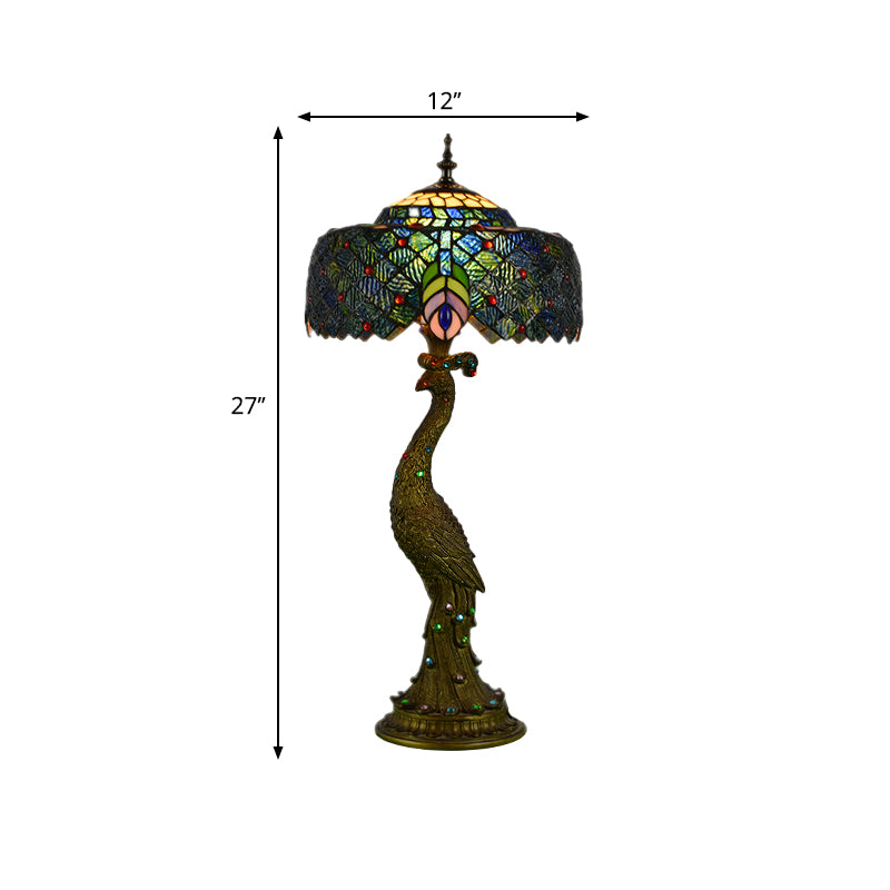 Stained Glass Peacock Feather Night Table Light Tiffany 1 Light Brass Nightstand for Bedside Clearhalo 'Lamps' 'Table Lamps' Lighting' 287554