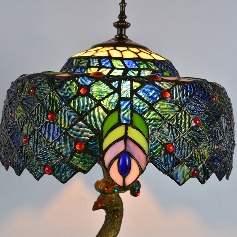 Stained Glass Peacock Feather Night Table Light Tiffany 1 Light Brass Nightstand for Bedside Clearhalo 'Lamps' 'Table Lamps' Lighting' 287555