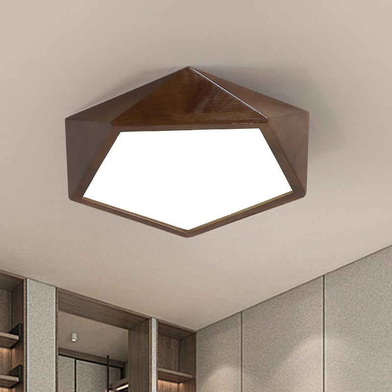 Brown Faceted Pentagon Ceiling Mount Lamp Minimalist 13"/16"/19.5" Wide LED Wooden Flush Lighting Clearhalo 'Ceiling Lights' 'Close To Ceiling Lights' 'Close to ceiling' 'Flush mount' Lighting' 287729
