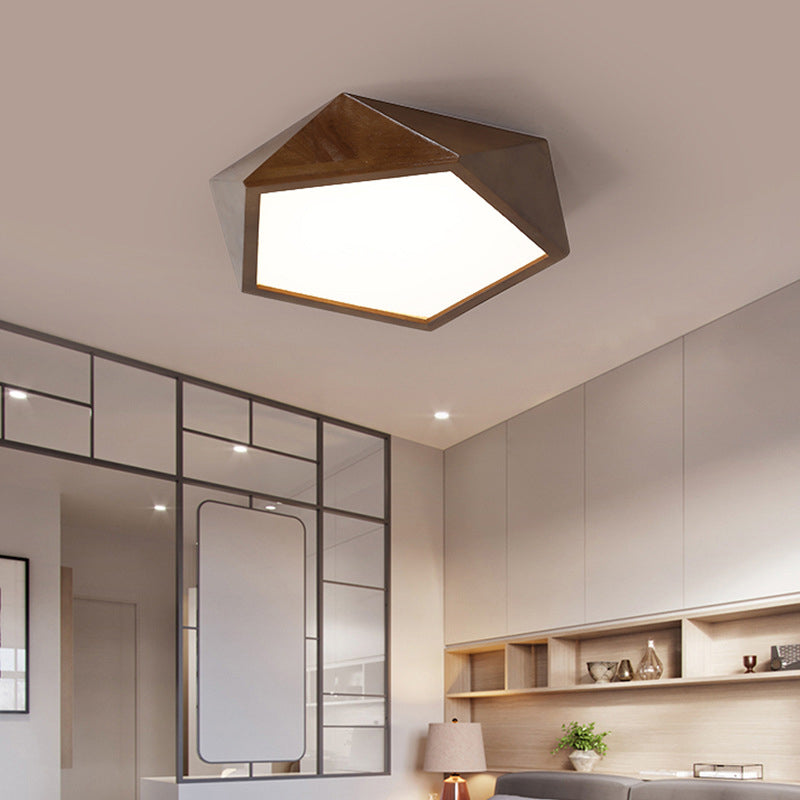 Brown Faceted Pentagon Ceiling Mount Lamp Minimalist 13"/16"/19.5" Wide LED Wooden Flush Lighting Clearhalo 'Ceiling Lights' 'Close To Ceiling Lights' 'Close to ceiling' 'Flush mount' Lighting' 287730