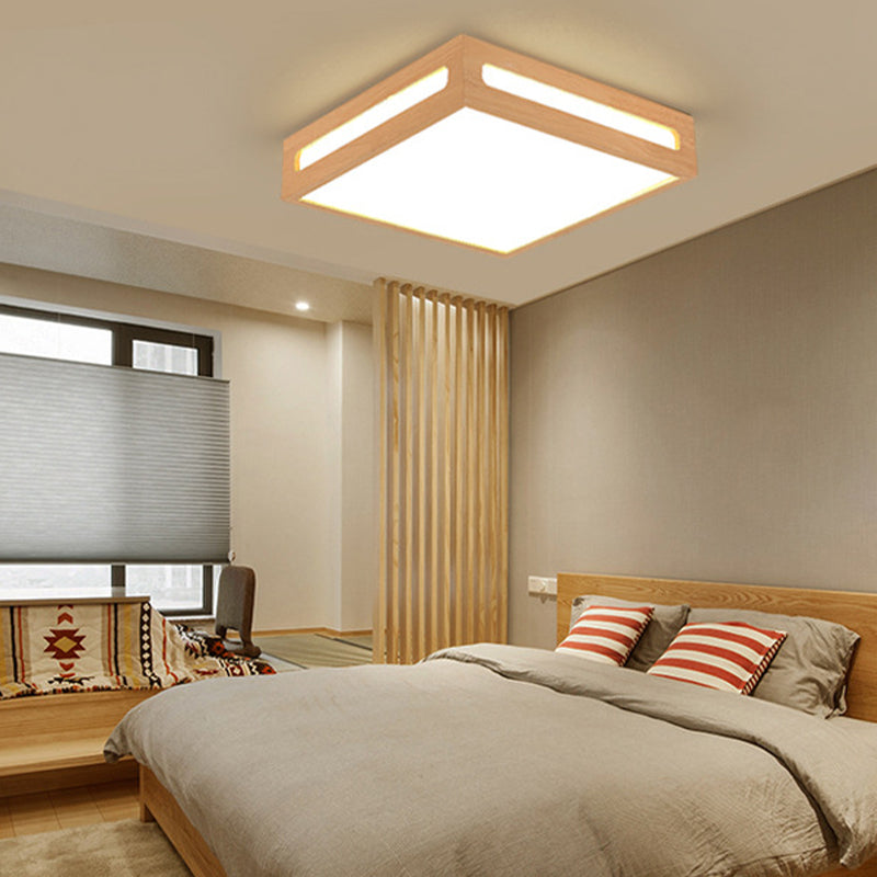 Minimalist LED Flush Light Acrylic Shade Natural Wood Square Box ...