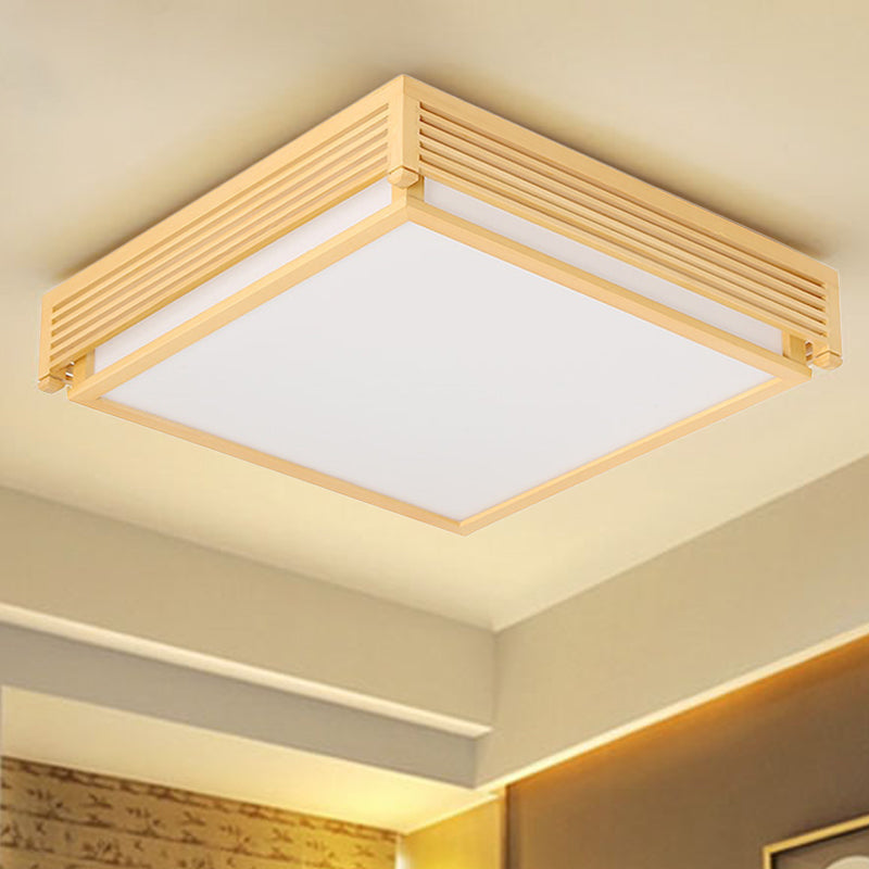 Square Box Acrylic Flush Mount Light 14"/18"/21.5"W Simple LED Beige Ceiling Lighting in Warm/White Light with Wood Guard Clearhalo 'Ceiling Lights' 'Close To Ceiling Lights' 'Close to ceiling' 'Flush mount' Lighting' 287826