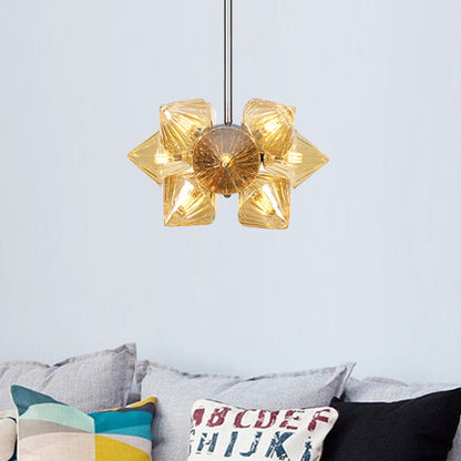 Chrome Diamond Chandelier Lamp Contemporary 9/12 Bulbs Amber Glass Hanging Ceiling Lamp 9 Amber Clearhalo 'Ceiling Lights' 'Chandeliers' 'Glass shade' 'Glass' 'Modern Chandeliers' 'Modern' Lighting' 288047